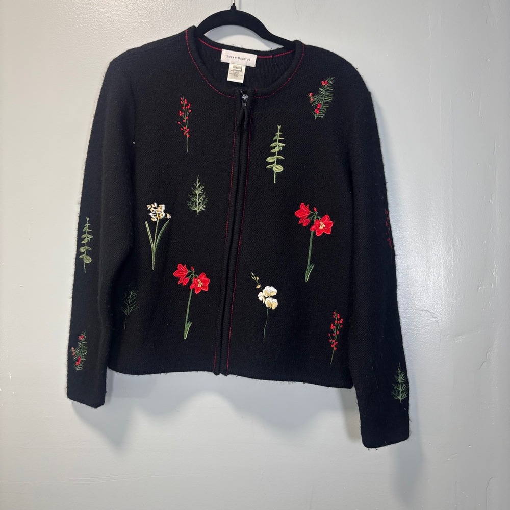 Susan Bristol VTG Black 100% Wool Floral Embroidered Zip Up Cardigan Sweater M